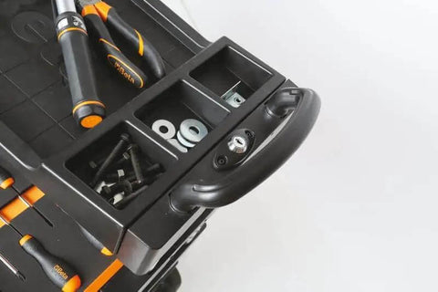Close-up of orange collapsible rolling tool cart with locking drawers, thermoplastic worktop, showcasing tool compartments and handle.