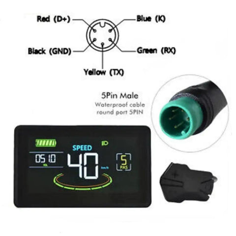 Ebike LCD Display Meter With 5 Pin Waterproof Connector for 48V Electric Bike showing speed and connector diagram