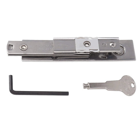 Casement window hinge, stainless steel friction stay with ventilation limiter; front view with an Allen key and a key