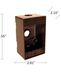 Weatherproof 1-Gang Electrical Box in Bronze Finish, 18.3 Cu In Capacity, die cast aluminum, NEMA threads, side view with dimensions