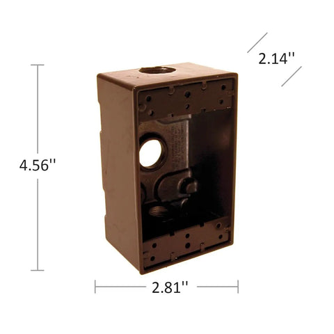 Weatherproof 1-Gang Electrical Box in Bronze Finish, 18.3 Cu In Capacity, die cast aluminum, NEMA threads, side view with dimensions