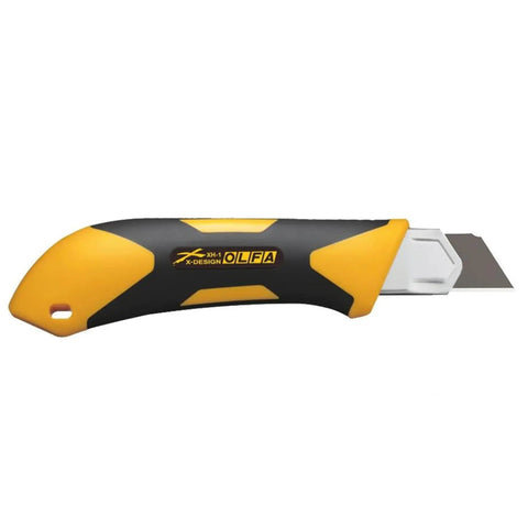 Extra Heavy-Duty 25mm Utility Knife With Ratchet Lock, Razor-Sharp Blade And Seven-Stage Snap-Off System, Fiberglass-Reinforced Handle, Built-To-Last Workhorse For Industrial Construction And Shop Projects. Black and yellow handle with extended 25mm blade