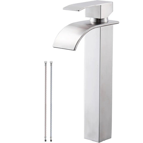 Wide Waterfall Spout Vessel Sink Faucet in Brushed Nickel Tall Above Counter Single Handle Vanity Lavatory Faucet for Single Hole Basins