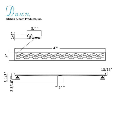 Tough As Nails 304 Stainless Steel Linear Shower Drain Wave Pattern 47 Inch top and side view with dimensions