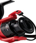 Max Pro Spincast Reel Size 10 QuadCam Pickup System Teflon Twin Cam Lightweight Aluminum Body in red and black view