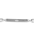 Heavy Duty 304 Stainless Steel Wire Rope Turnbuckle Tensioner With Adjustable Grip And Rust Proof Finish Built Different For Quick Setup On Outdoor Projects In M16 Size viewed from the front.