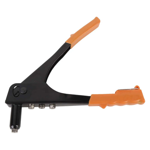 Ditch The Flimsy Tools And Grab This Heavy Duty Riveter Kit For Serious Metal And Plastic Jobs Including Auto Body Gutter Repairs With 120 Premium Rivets For Rock Solid Connections On Every Single Project. Black and orange hand riveter with metal nose and plastic grips