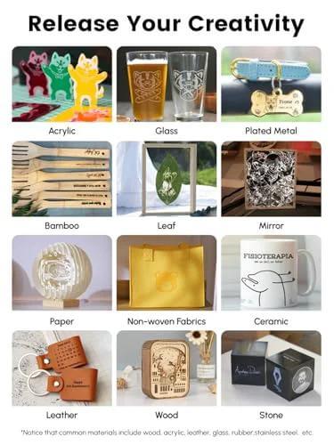 AlgoLaser 10W portable laser engraver collage of 12 materials