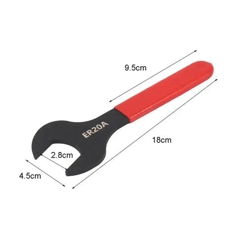 Heavy Duty ER Wrench Spanner For ER8A ER11A ER16A ER20A ER25A Collet Chuck Fits CNC Machining Centers with red grip and precise dimensions.