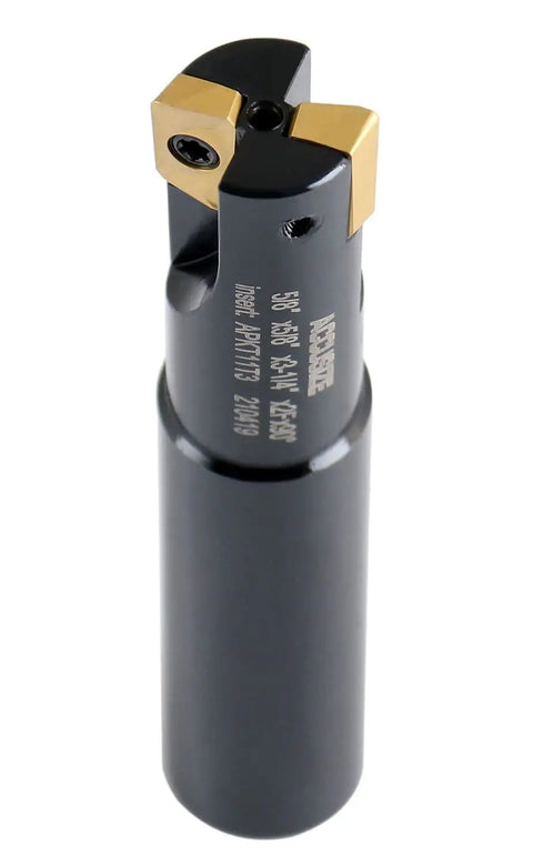 Five Eighth Inch 90 Degree Square Shoulder Indexable End Mill With Three And A Quarter Inch OAL Includes APKT11T3 Carbide Inserts Two Flute Milling Tool For Square Shoulder Face And Side Milling Applications