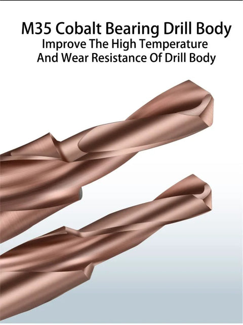 M35 cobalt twist drill bits, copper-toned, three-piece set, angled side view
