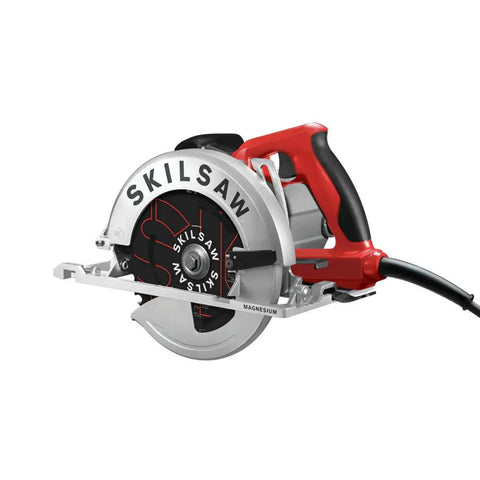 Tough As Nails 15 Amp Seven Quarter Inch Sidewinder Circular Saw With Left Blade Design and Solid Magnesium Body for Sweet Cuts and Serious Pro Level Durability, close-up view.