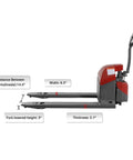 Tory 4400 Lb Electric Pallet Jack Truck with 48 By 27 Forks, showing fork dimensions: width 6.3", thickness 2.1", lowered height 3".