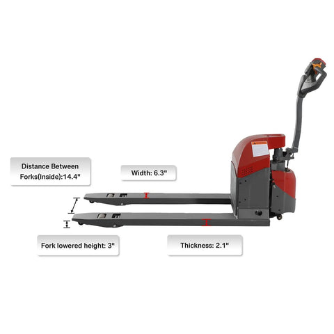 Tory 4400 Lb Electric Pallet Jack Truck with 48 By 27 Forks, showing fork dimensions: width 6.3", thickness 2.1", lowered height 3".