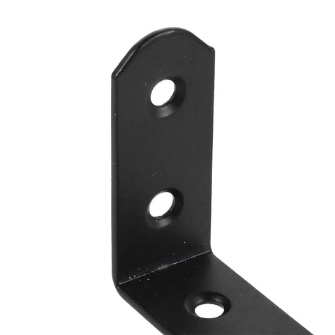Close-up of Beefy Heavy Duty L Shaped Corner Braces Set, 20 Pcs Metal Shelf Mount Brackets in black with three screw holes.