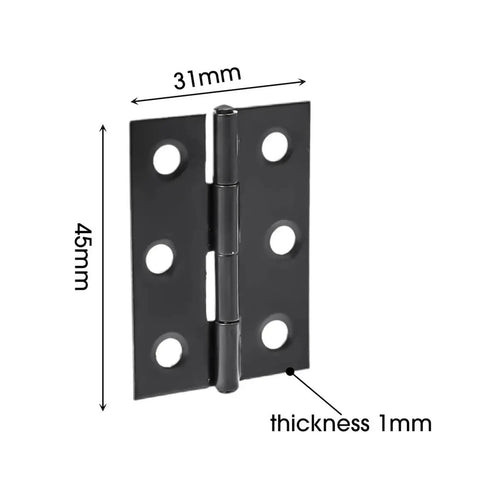 Close-up of Stainless Steel Door Hinges Set With Screws For Cabinets And Drawers, 45mm x 31mm, 1mm thick, flat design