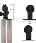 Side view of 5.5 Foot Bypass Barn Door Hardware Kit for 33 Inch Double Doors showing measurements and T shape hangers.