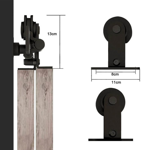 Side view of 5.5 Foot Bypass Barn Door Hardware Kit for 33 Inch Double Doors showing measurements and T shape hangers.