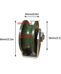 U-groove track wheel with green cast-iron wheel and mounting bracket; side view, 64mm tall, 56mm wide