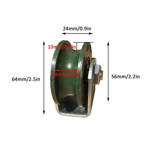 U-groove track wheel with green cast-iron wheel and mounting bracket; side view, 64mm tall, 56mm wide
