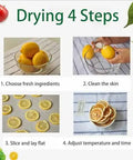 Drying 4 steps for fruits; fresh lemons in bowls, sliced lemons prepared for dehydrating with adjustable temperature.