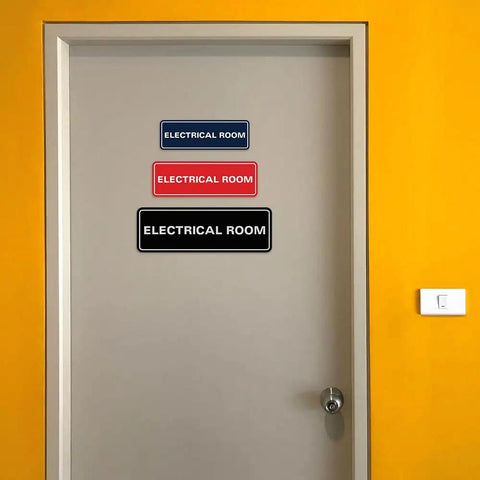 Black Electrical Room Sign Easy To Read For Doors Panels And Walls Keeps Staff And Emergency Pros In The Know About Electrical Rooms Compliant Durable Available In 2x6 And 2.75x7 And 3x9 Inches. Black electrical room sign on gray door, adhesive-backed, shown in 3 sizes.