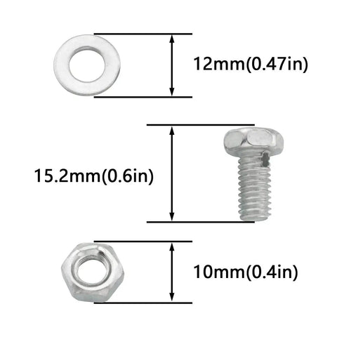 8 Piece Brake Cable Regulator Clamp Set With 26 Square Head Silver Locking Screws And Nuts showing dimensions in millimeters and inches.