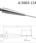 M2 CMM probe side view; 0.5mm ruby ball tip, 20mm carbide stem