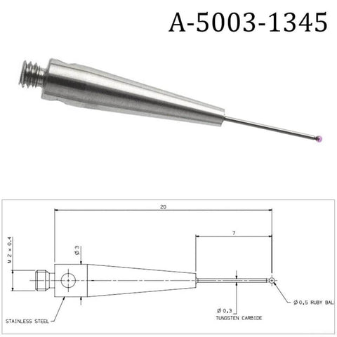 M2 CMM probe side view; 0.5mm ruby ball tip, 20mm carbide stem