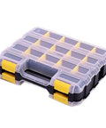 Double Sided Go To Tool Storage Box With 34 Adjustable Compartments And Removable Dividers In Yellow And Blue, Clear Lid Closed