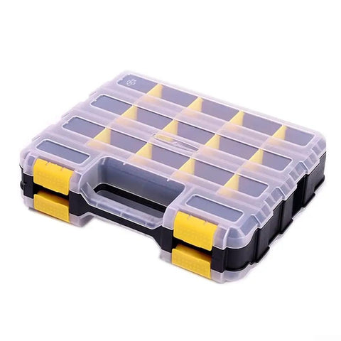 Double Sided Go To Tool Storage Box With 34 Adjustable Compartments And Removable Dividers In Yellow And Blue, Clear Lid Closed