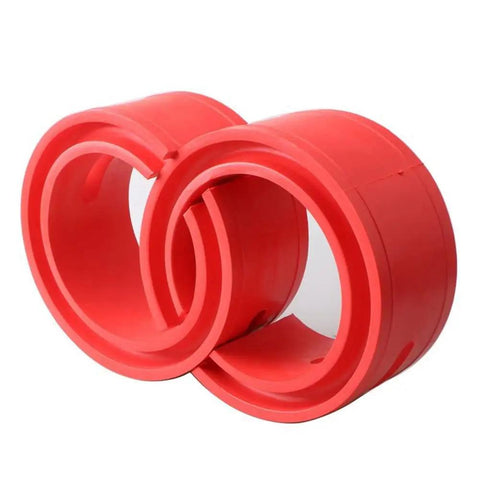 Universal Two Piece Red Rubber Shock Absorber Bushings For Heavy Hauler Car Suspension Tuning shown from above, highlighting their durable design.