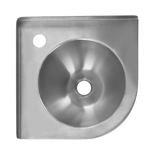 Corner Triangle Hand Wash Basin Sink With Brushed Finish, compact 304 stainless steel, faucet and drain holes visible