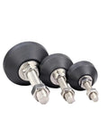 Four Pack Heavy Duty Adjustable Leveling Feet With Non Slip Rubber Glides and Swivel Bases showing three varying sizes for sturdy furniture use.