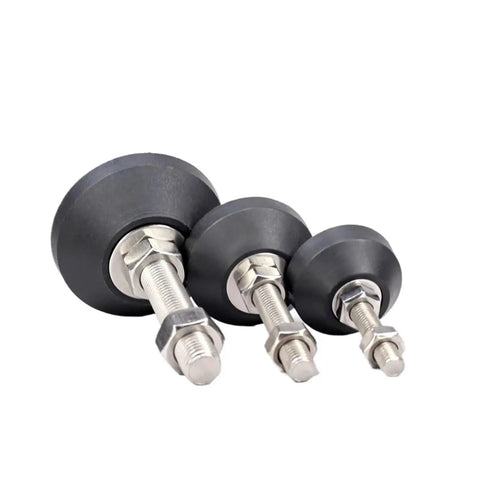 Four Pack Heavy Duty Adjustable Leveling Feet With Non Slip Rubber Glides and Swivel Bases showing three varying sizes for sturdy furniture use.