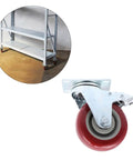 Red Brake Swivel Caster Wheels TPR Metal with Dual Bearings, 2pcs on a shelving unit, showing detail of wheel and swivel plate.
