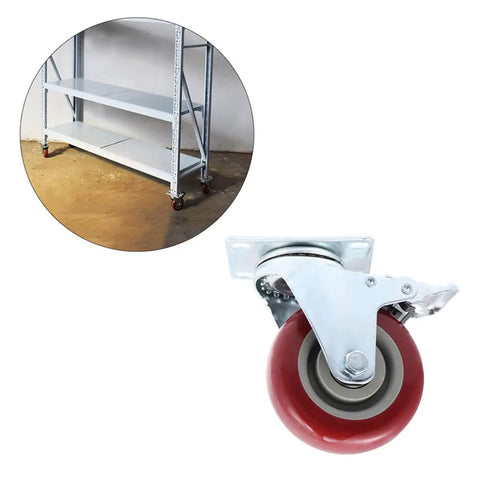 Red TPR Swivel Caster Wheels with Brake 2pcs for Furniture Parts, showing close-up view of wheel and its mount, ideal for shelving.