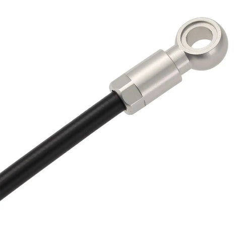 Close-up of Beefy 2000mm Hydraulic Disc Brake Hose Kit for Shimano BH90 System with metallic fitting, black hose, and silver color option.