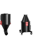 Rock Solid Cyclone Dust Collector With Wall Mount And Wheeled Debris Bucket For Heavy Shop Grind showing wheeled tub and collection container.