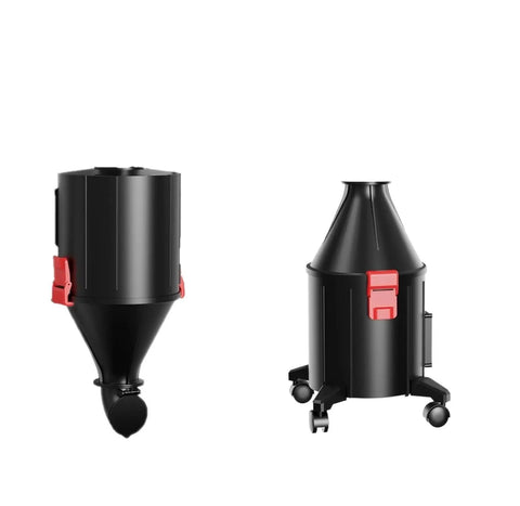 Rock Solid Cyclone Dust Collector With Wall Mount And Wheeled Debris Bucket For Heavy Shop Grind showing wheeled tub and collection container.