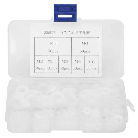 Grab And Go Nylon Washer Kit 350 Piece Flat Washer Set With Storage Box White Plastic Assortment For Fasteners Insulation Friction Reduction And Leak Prevention In 7 Sizes, open box