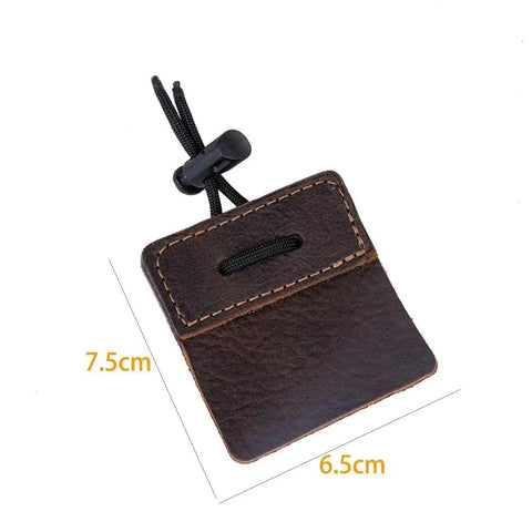 Square Cow Leather Archery Finger Tab For Right Hand Long Bow Hand Protector showing 7.5x6.5 cm dimensions and black cord attachment