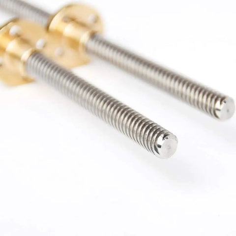 Close-up of Stainless Steel Trapezoidal Lead Screw With Brass Nut for 3D Printers, T12 Type, 3mm Pitch and Lead, 1000mm length