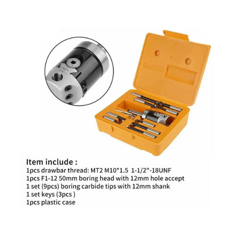 Nine Piece R8 Boring Head Set With Two Inch Heads And Morse Shank BT in orange case with accessories