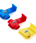 Front view of red, blue, yellow quick splice connectors from 140 Piece DIY Ready Quick Splice Wire Connector Set For 22 To 18 AWG 16 To 14 AWG And 12 To 10 AWG Solderless Snap Terminals In Red Blue Yellow Multicolor Housing Scotch Lock Connectors 300V Rated Electrical IDC Kit