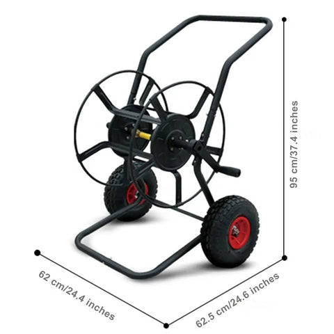 Totally Rock Solid Heavy Duty Garden Hose Reel Cart With Smooth Rolling Wheels Low Center Base Stays Put Outdoors Black with dimensions.