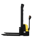 Side view of Heavy Duty Electric Forklift Pallet Lifter 1 Ton Capacity 3.5 Meter Lift Height Semi Stacker with detachable handle.