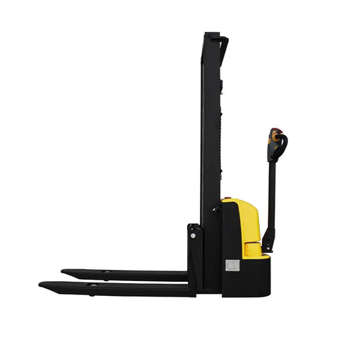 Side view of Heavy Duty Electric Forklift Pallet Lifter 1 Ton Capacity 3.5 Meter Lift Height Semi Stacker with detachable handle.
