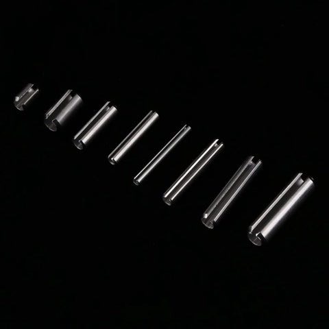 Roll Pin Set 280 Piece Slotted Spring Dowel Assortment In Box Steel Pins M1.5 M2 M2.5 M3 M4 M5 M6 M8 displayed on black background.