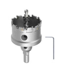 Front view of 2-inch tungsten carbide tipped hole saw kit with spring-loaded pilot and hex key.